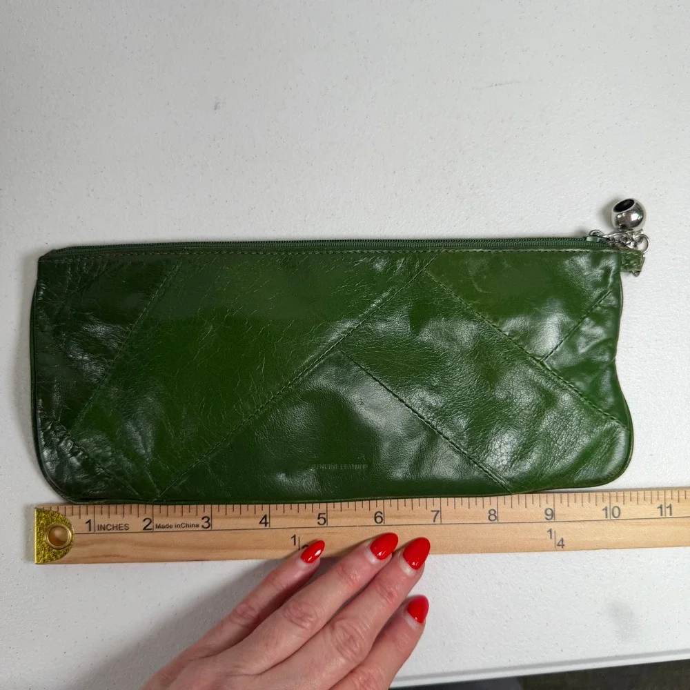 Boho Green Genuine Leather Patchwork Zip Clutch Wallet Slim Bell Charm
